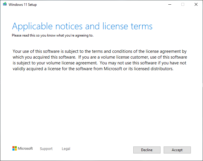 Windows 11 Terms & Conditions PAge